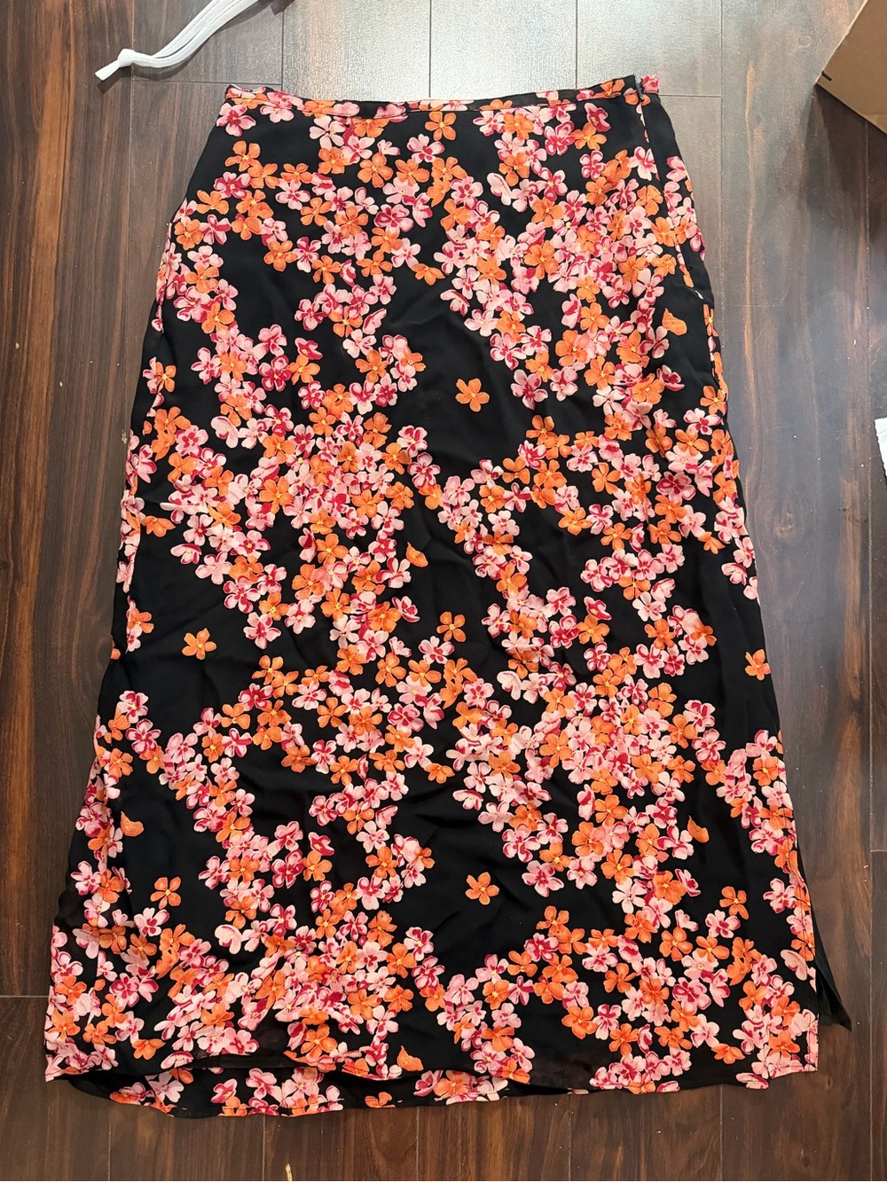 Laura Ashley Floral Midi Skirt in Black with Pink & Orange Flowers